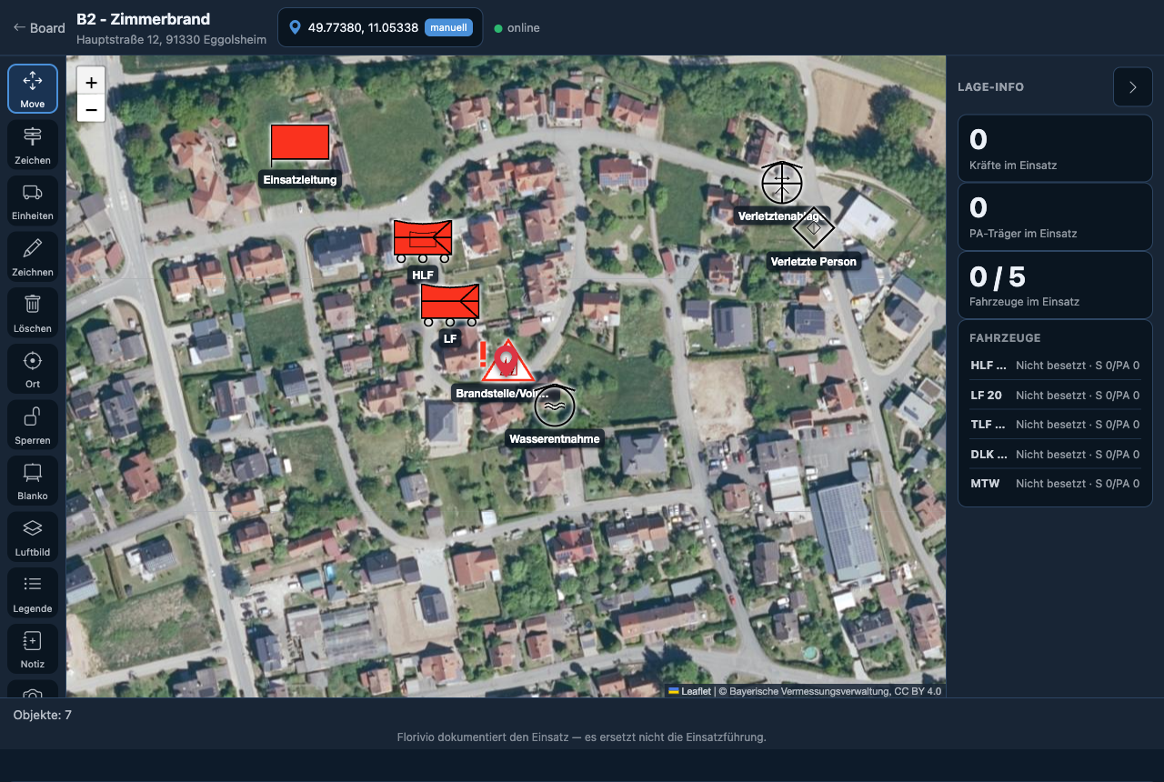 Digitale Lagekarte auf amtlichem Luftbild mit taktischen Zeichen einer Übungslage